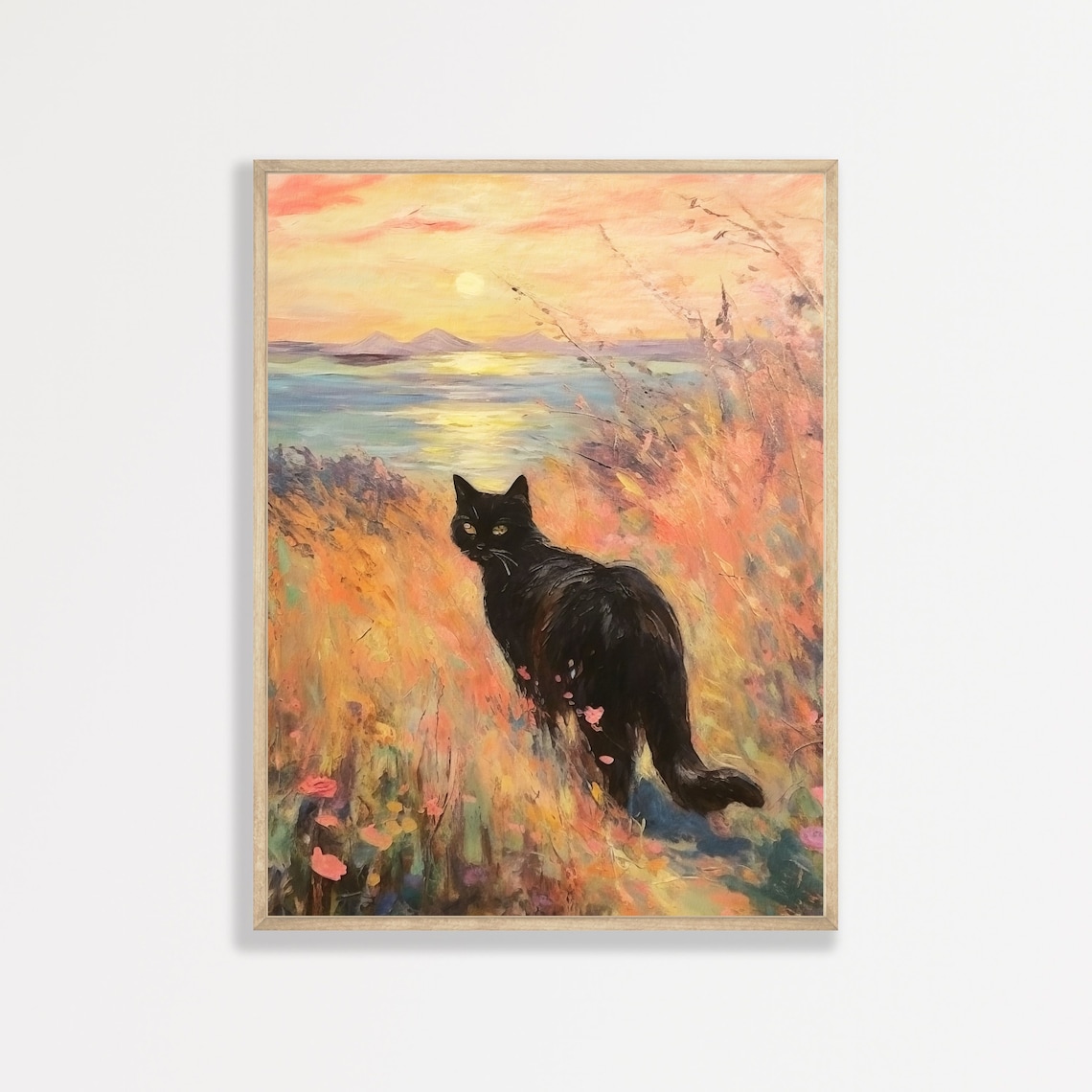 Monet-Inspired Black Cat Coastal Art Print, Retro