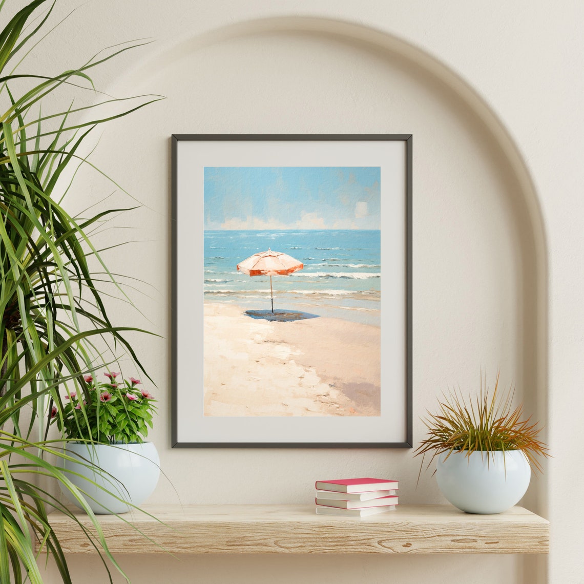 Beach Umbrella Empty Shore Blue Ocean Calm Summer Day Minimalist Print - Image 2