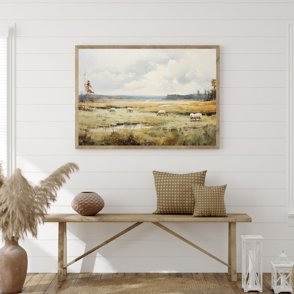 Sheep Grazing in a Misty Green Meadow Vintage Pastoral Wall Art - Image 3