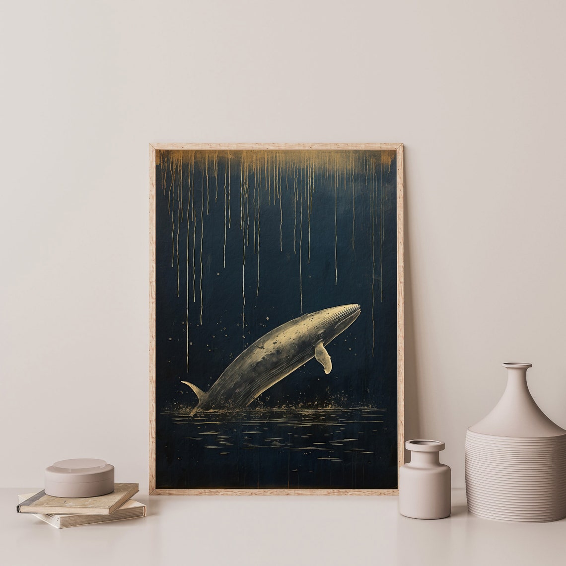 Dark Whale Print Navy Blue And Gold Wall Art Vintage Japanese Art Moody Modern Artwork Minimal Japandi Decor P 695 - Image 3