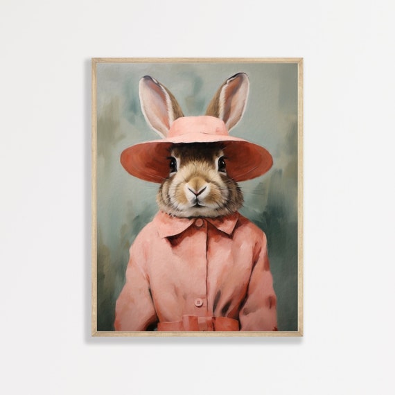 Cute Bunny Retro Nursery Bedroom Art Print, Funny Animal