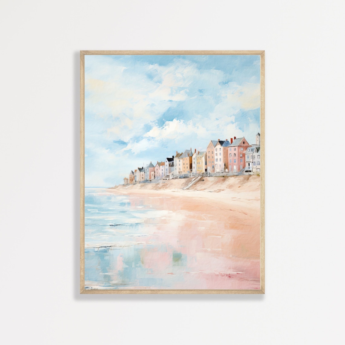 Pastel Beach Coastal Town Seascape, Vintage Poster
