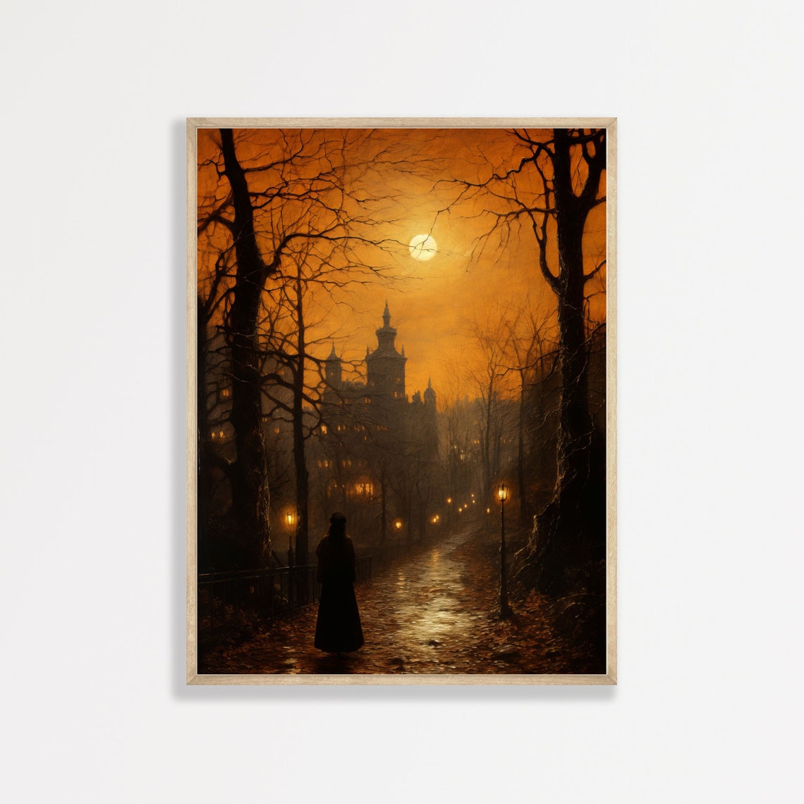 Dark Moonlit City Path Orange Moon Lampposts Gothic Night Poster