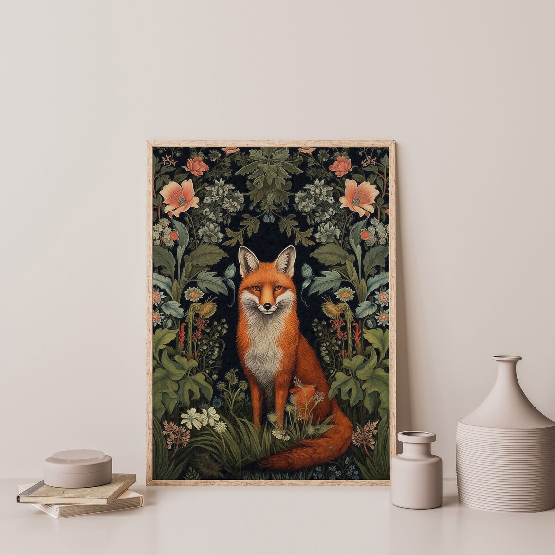 Red Fox Dark Botanical Floral Vintage Forest Wildlife Maximalist Art Print - Image 3