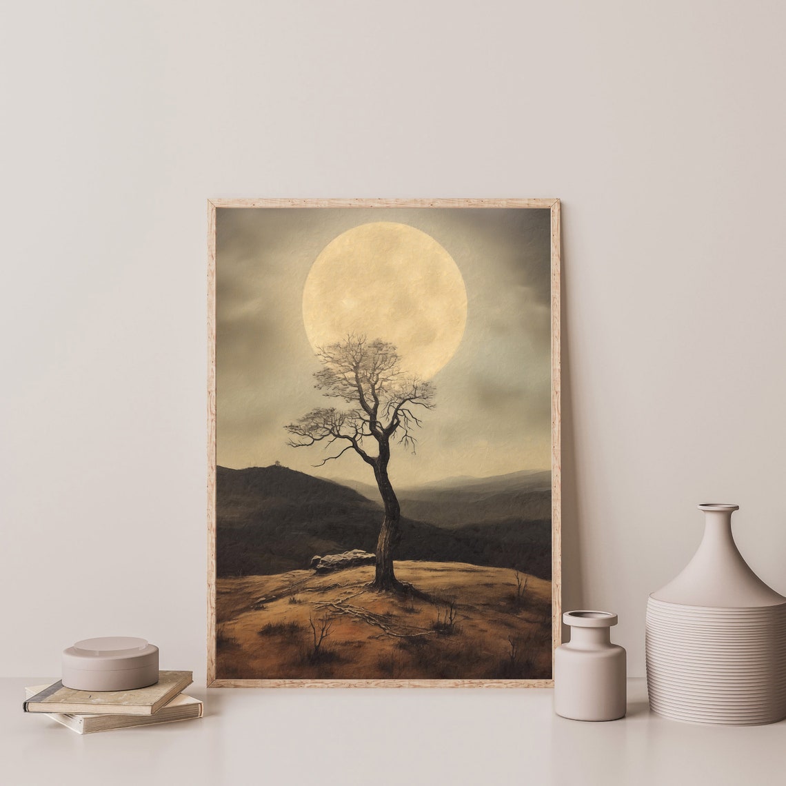 Lone Tree Silhouette Under a Giant Moon Night Sky Landscape Poster - Image 3