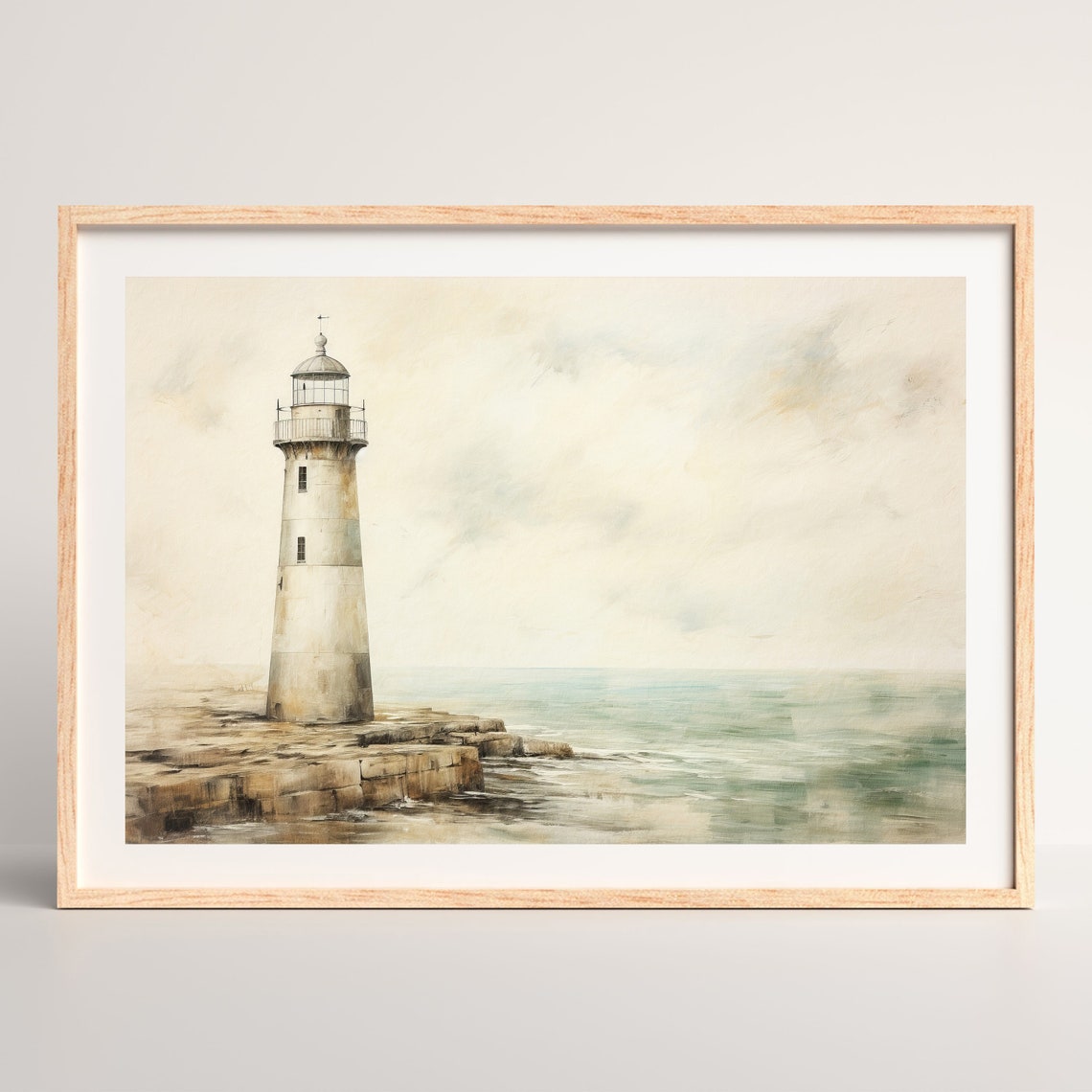 Lighthouse Painting Vintage Coastal Wall Art Rustic Neutral Beach Decor P 775 - Image 2