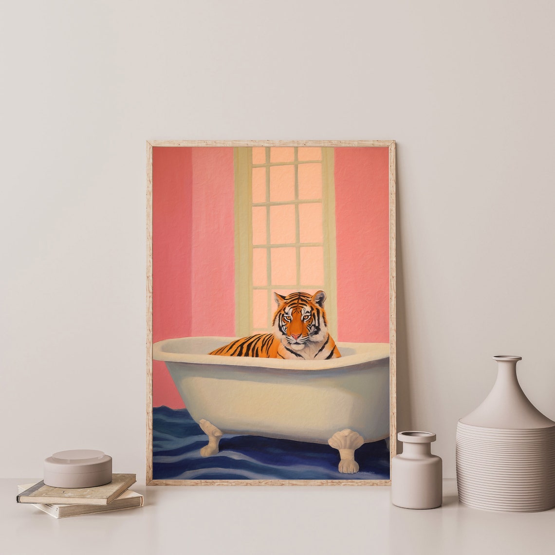 Tiger In Bathtub Funny Pink Bathroom Quirky Retro Maximalist Art Print - Image 3