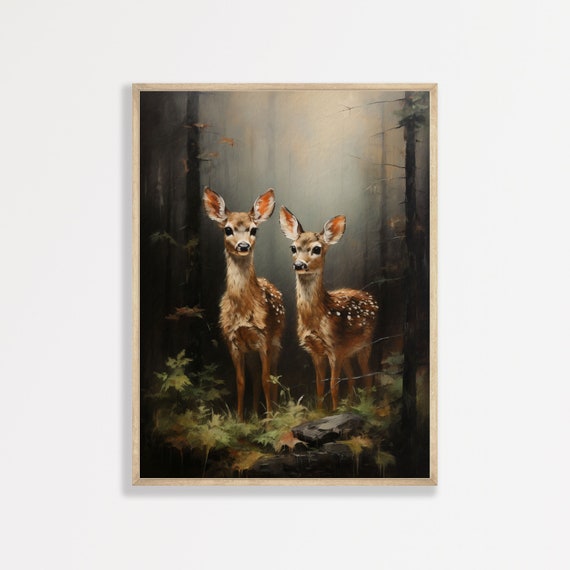 Moody Fawn Painting Vintage Nature Scenery Wall Art Dark Cottage Core Nursery Prints Dark Academia Maximalist Decor P 429