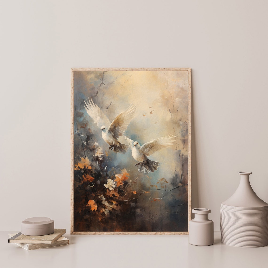 Two White Doves In Flight Warm Moody Background Peaceful Bird Poster - Image 3