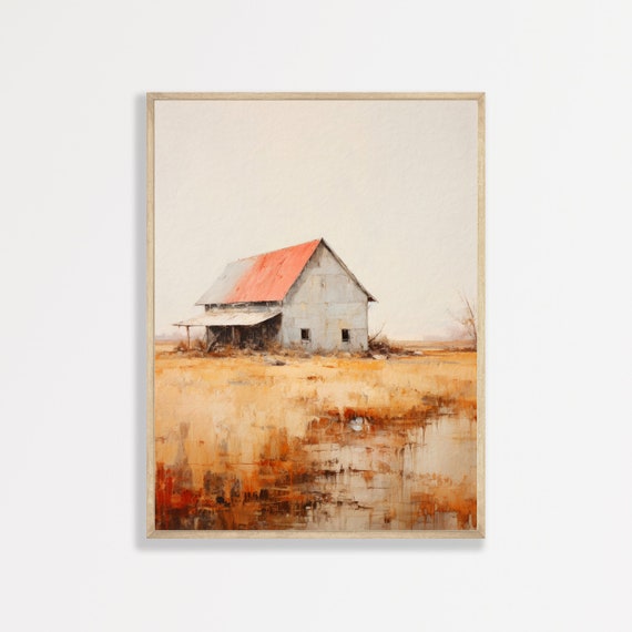 Farm Landscape Painting Retro Farmhouse Wall Art Minimal Vintage Countryside Print Retro Country Home Decor P 598