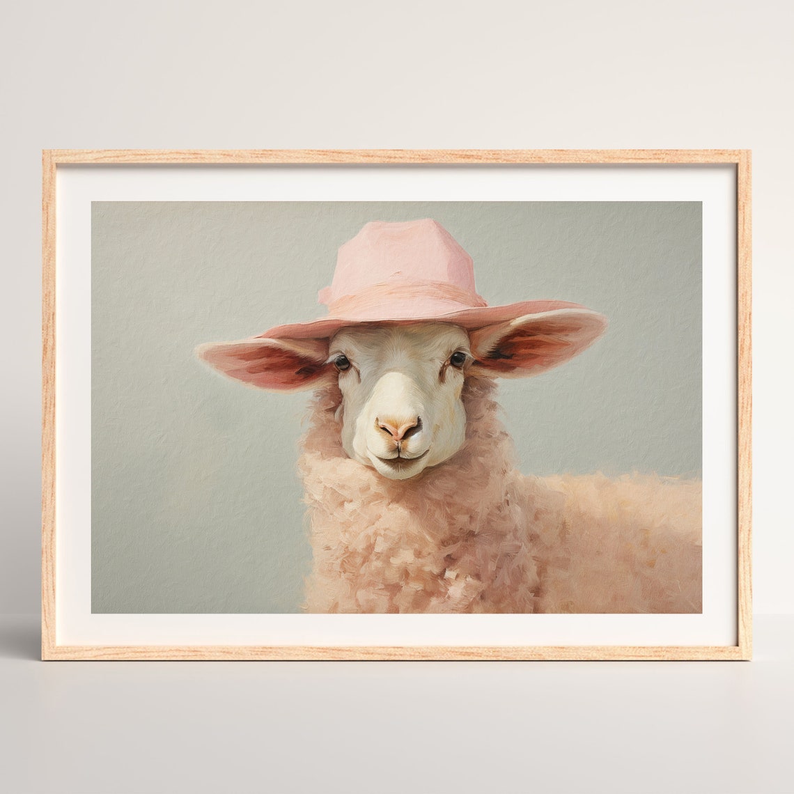 Smiling Sheep Pink Cowboy Hat Pastel Nursery Cute Farm Animal Poster - Image 2