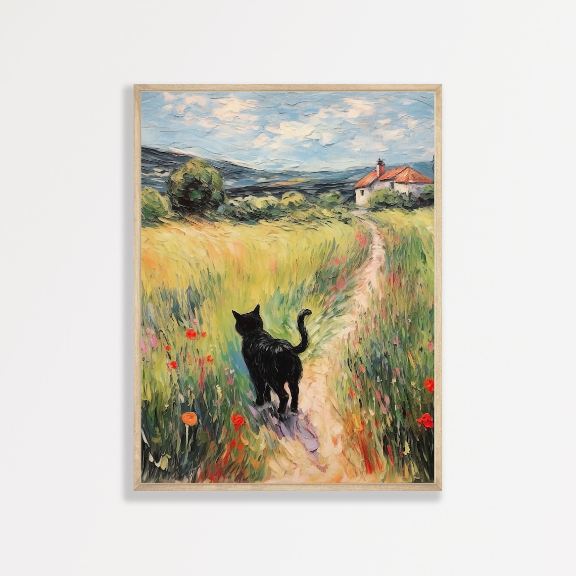 Monet-Inspired Black Cat Retro Landscape Art Print