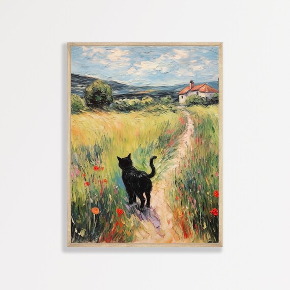 Monet-Inspired Black Cat Retro Landscape Art Print