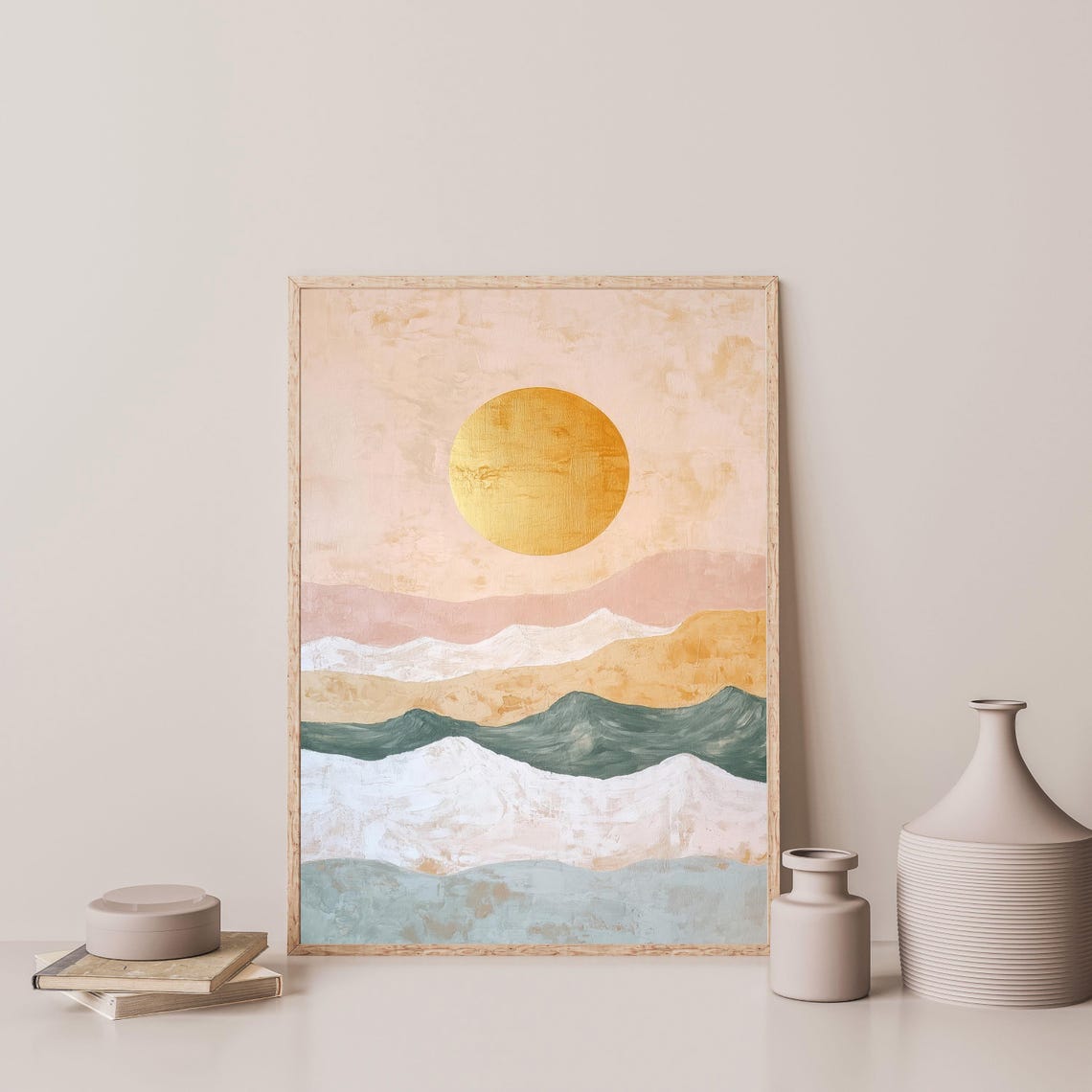 Pastel Mountains Golden Sun Layered Peaks Soft Abstract Art Poster - Image 3
