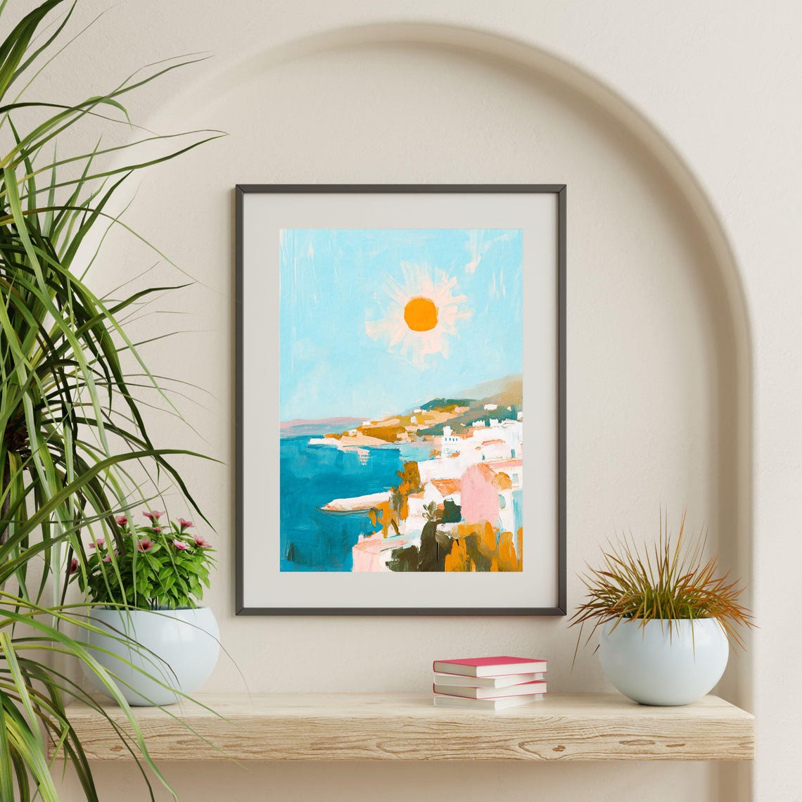 Bright Coastal Village Under Orange Sun Mediterranean Travel Poster - Image 2