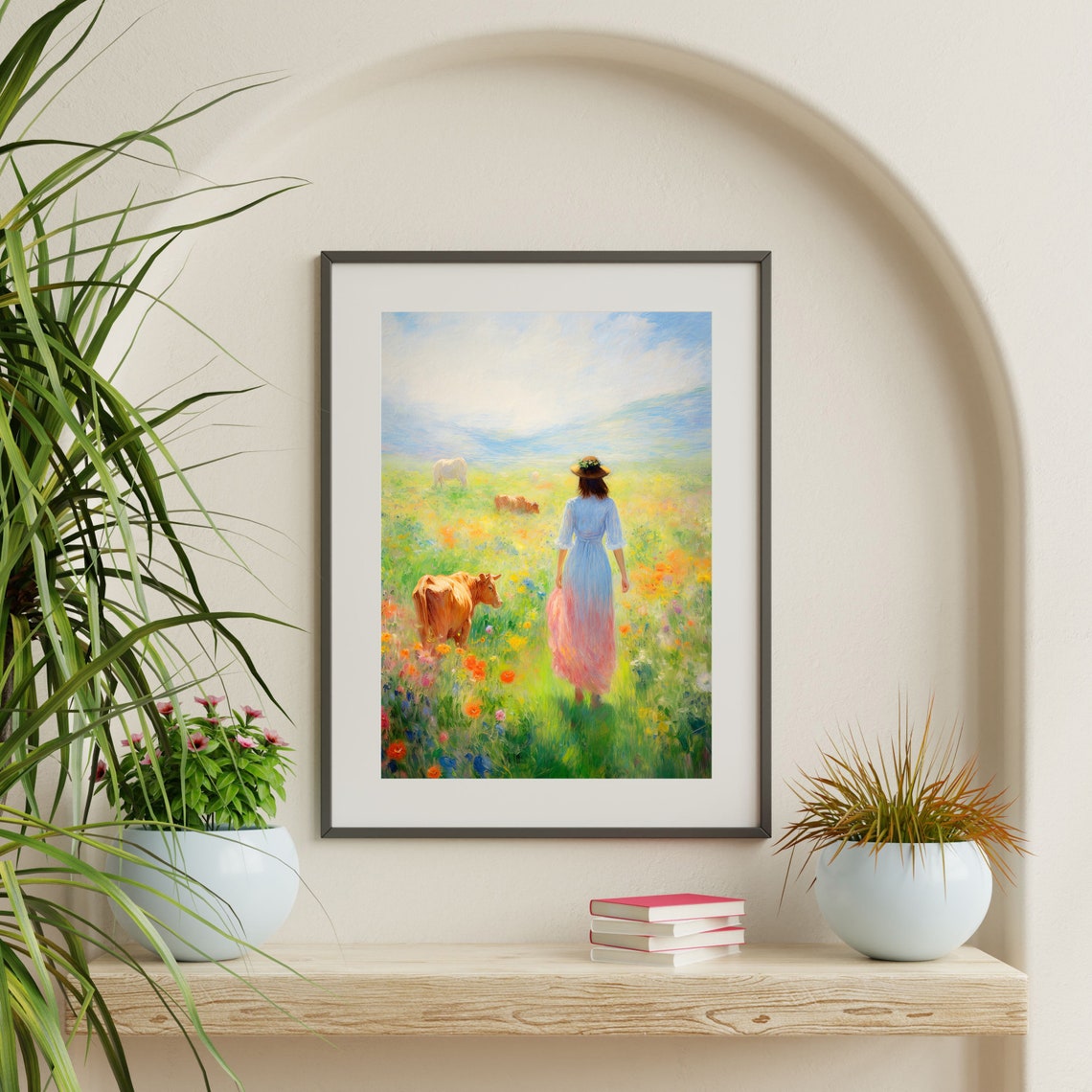 Country Girl with Cattle in Wildflower Meadow Pastel Painting Print - Image 2