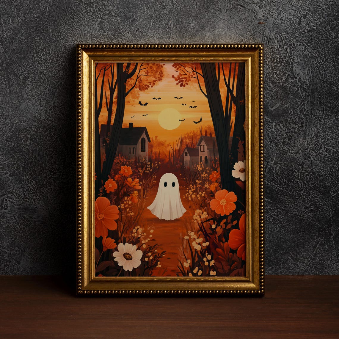 Cute Ghost on a Fall Stroll Through Autumn Sunset Halloween Wall Art