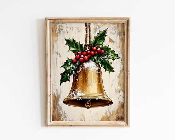 Vintage Brass Christmas Bell With Holly And Snow Rustic Art Poster