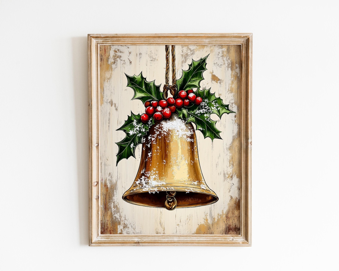Vintage Brass Christmas Bell With Holly And Snow Rustic Art Poster