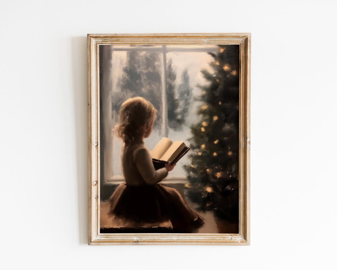 Child Reading By Window Beside Christmas Tree Cozy Oil Painting Poster