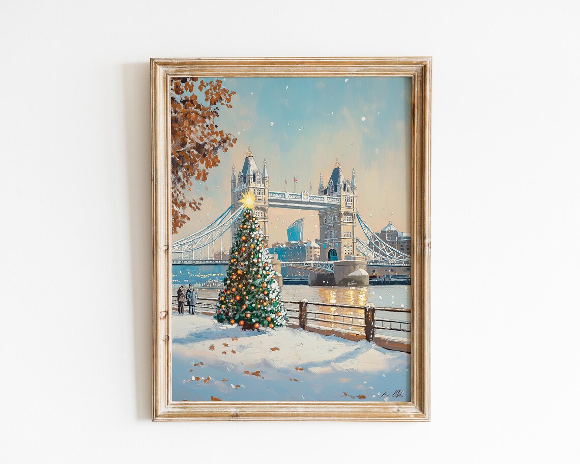 Tower Bridge London Christmas Tree Snowy Evening Holiday Poster