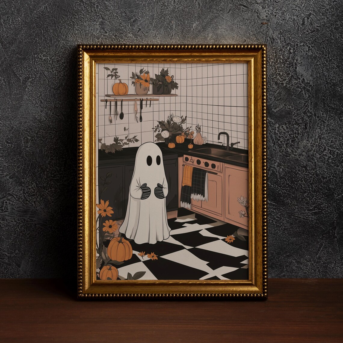 Cute Ghost In Cozy Pumpkin Kitchen Halloween Spooky Art Poster