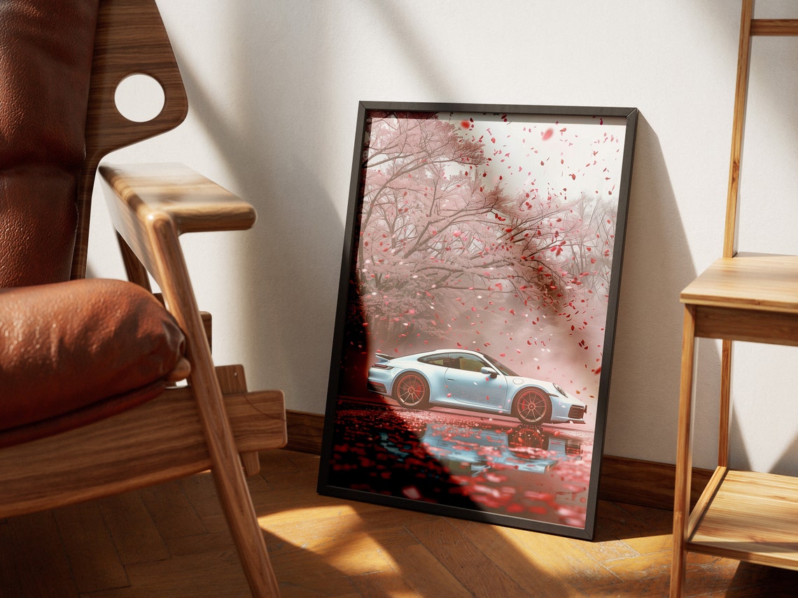 Baby Blue Porsche 911 Cherry Blossom Petal Rain Shower Poster - Image 3