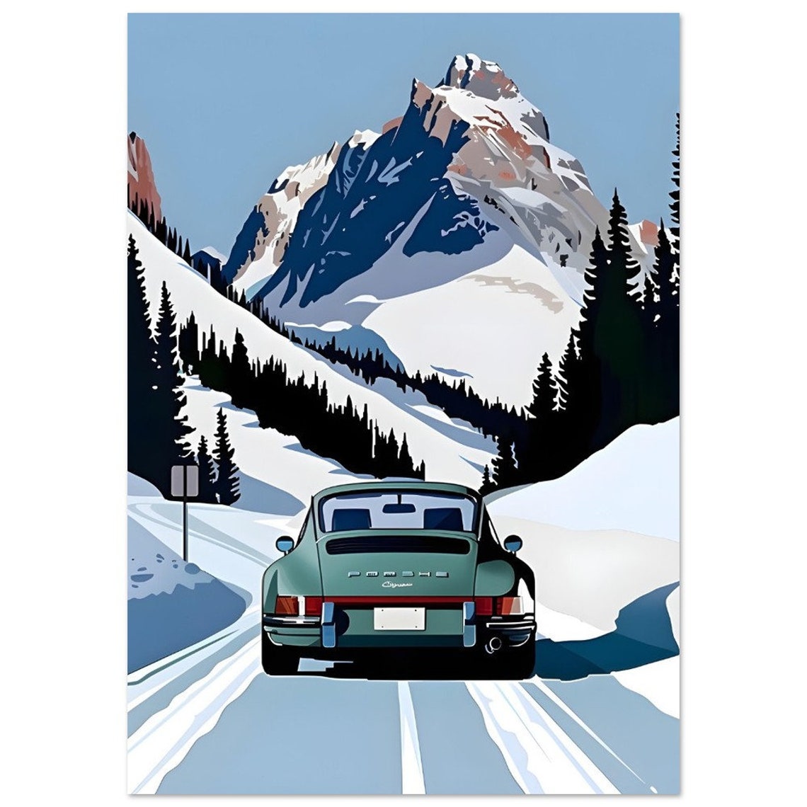 Porsche 911 Carrera Snowy Alpine Mountain Road Vintage Poster - Image 2