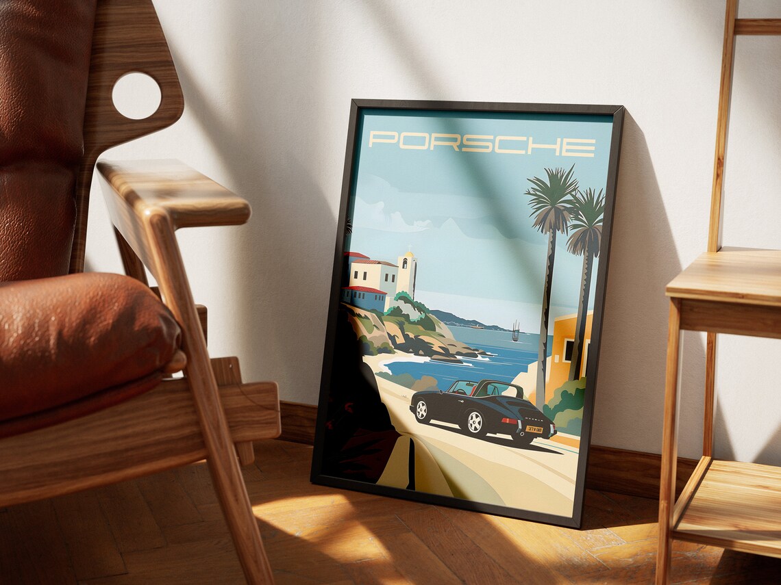 Black Porsche 911 Convertible Sunny Palm Coastal Road Trip Poster - Image 3