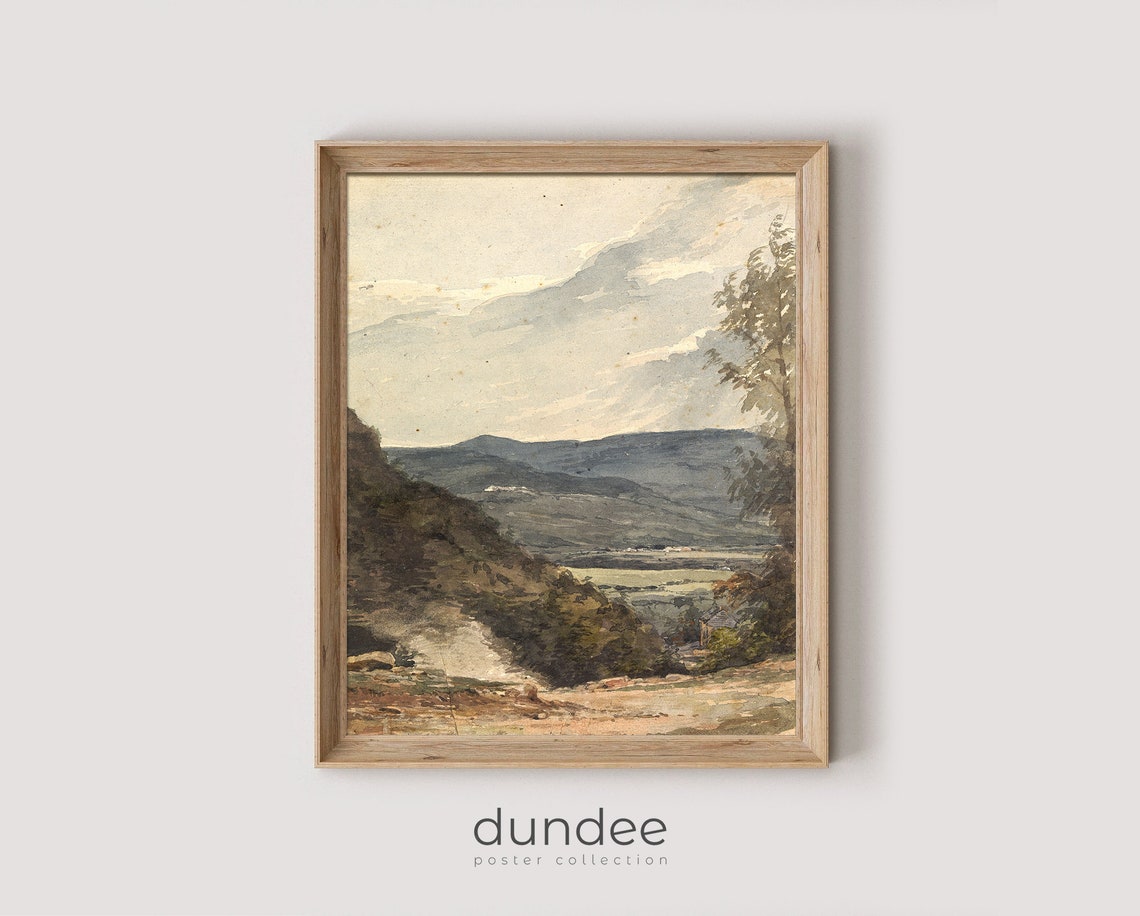 Mountain Valley View Antique Watercolor Soft Sky Landscape Poster