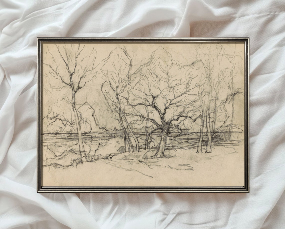 Bare Trees Pencil Sketch Black and White Vintage Landscape Poster - Image 4