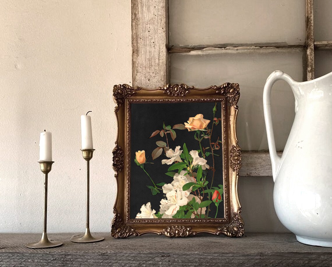 Roses White Lilies Dark Background Vintage Botanical Floral Poster - Image 2