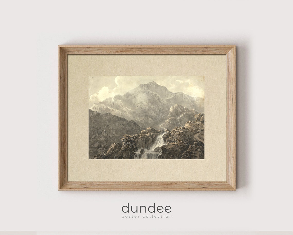 Sepia Mountain Waterfall Scene on Aged Paper Vintage Art Poster