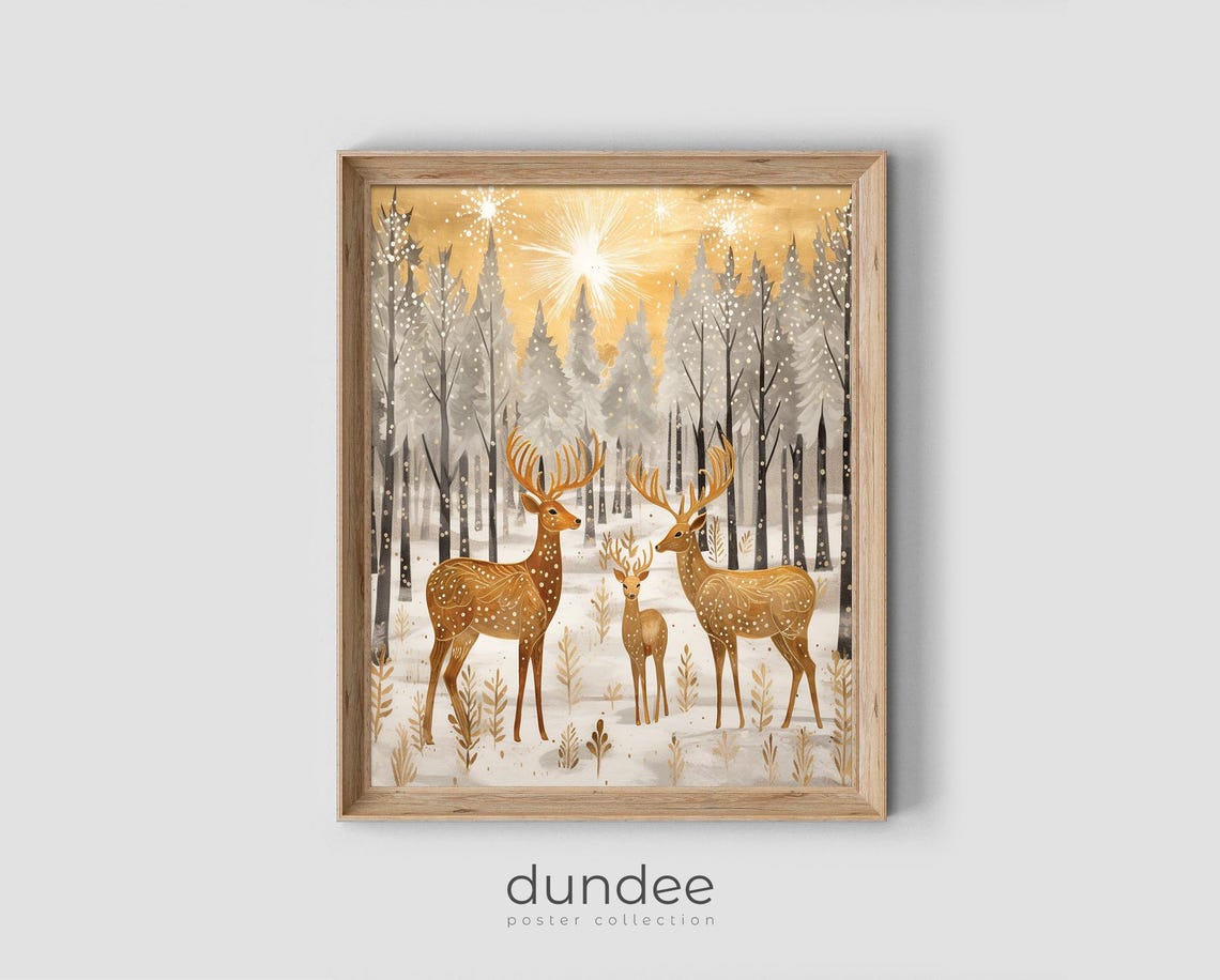 Golden Deer Trio in Starlit Snowy Winter Forest Watercolor Poster