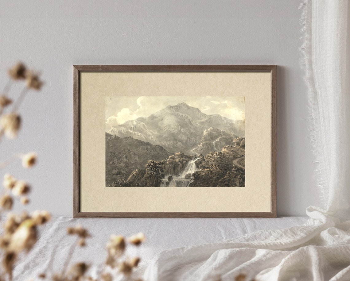 Sepia Mountain Waterfall Scene on Aged Paper Vintage Art Poster - Image 3