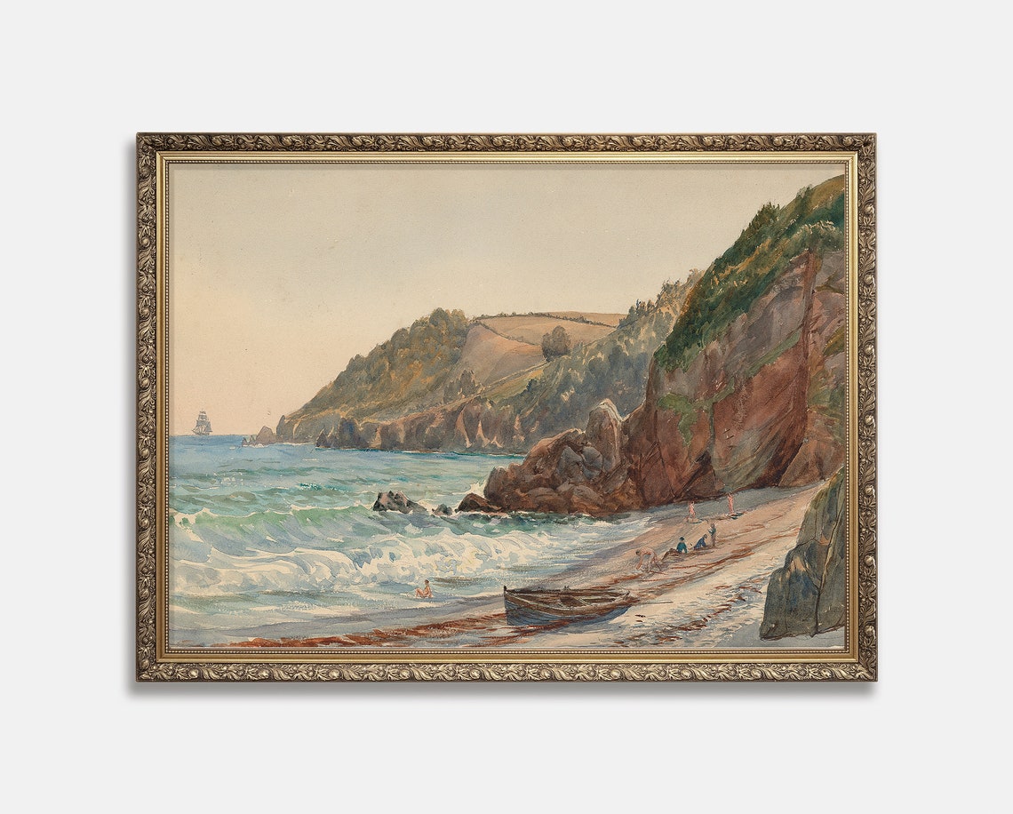Cliff Coast Beach Waves Sailor Boat Vintage Seaside Painting Poster - Image 3