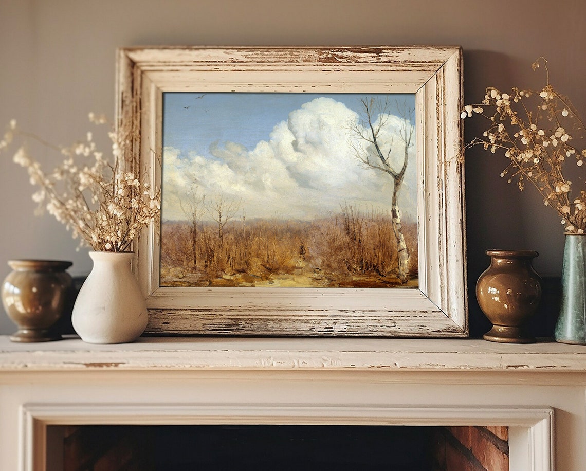 Cloudy Autumn Day Bare Trees Brown Field Vintage Landscape Poster - Image 3