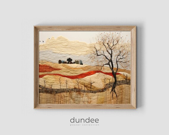 Quilted Textile Rolling Hills Landscape with Lone Bare Tree Poster
