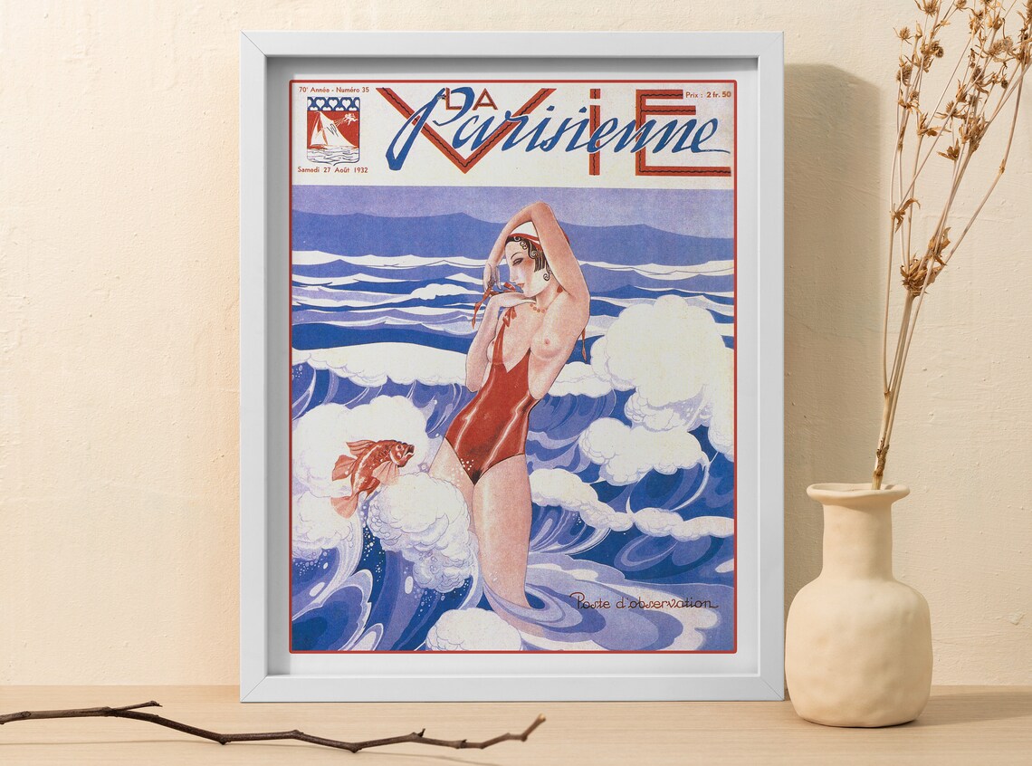 Vintage French Beach Magazine Cover, Art Deco Nude Art Print