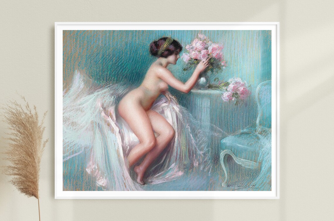 Woman Arranging Pink Roses Delphin Enjolras French Pastel Poster - Image 2