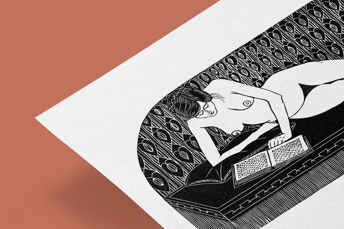 Vintage Woman Reading, Woodblock Style Art Print - Image 2