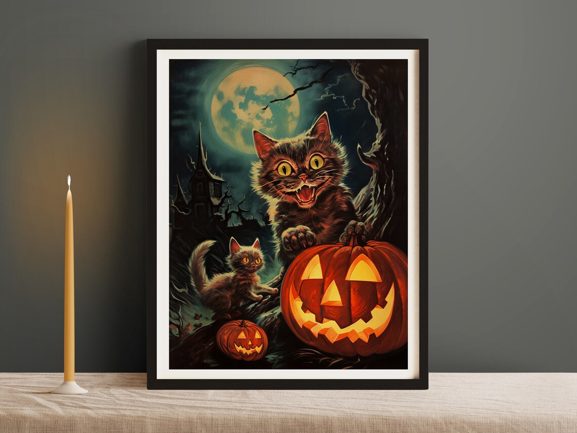 Vintage Illustration Style Halloween Cats Art Print