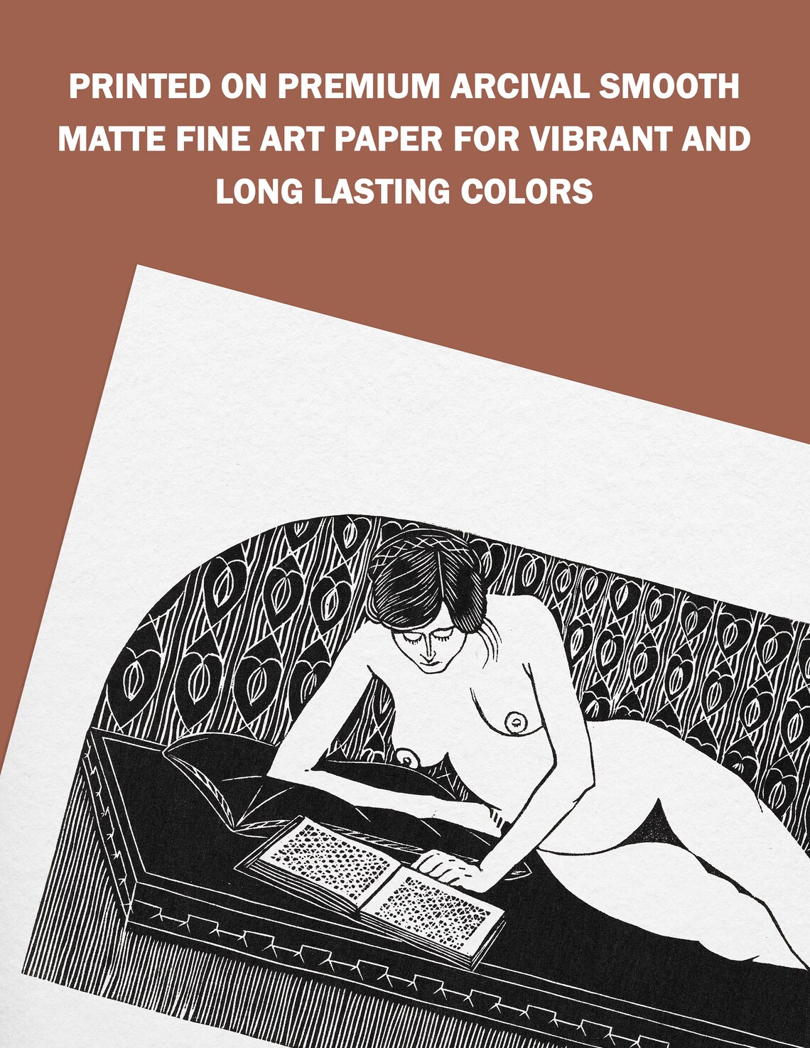 Vintage Woman Reading, Woodblock Style Art Print - Image 3