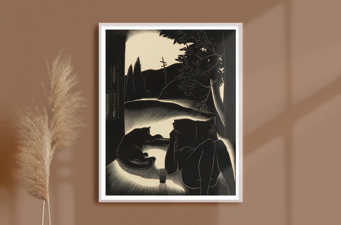 Vintage Sultry Days Nude Woman and Cat Art Print