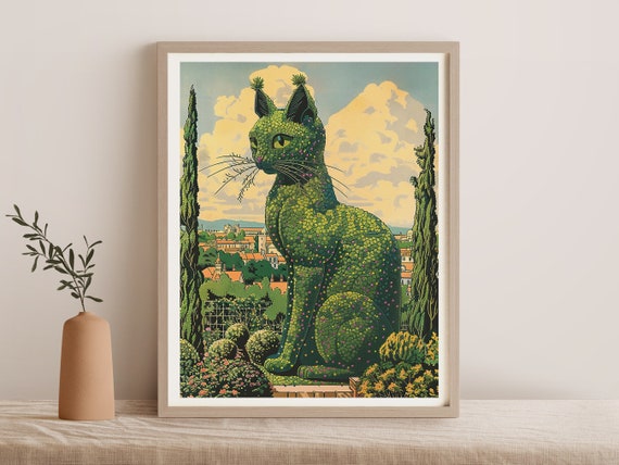 Vintage Cat Topiary Garden Art Print, Nursery Decor