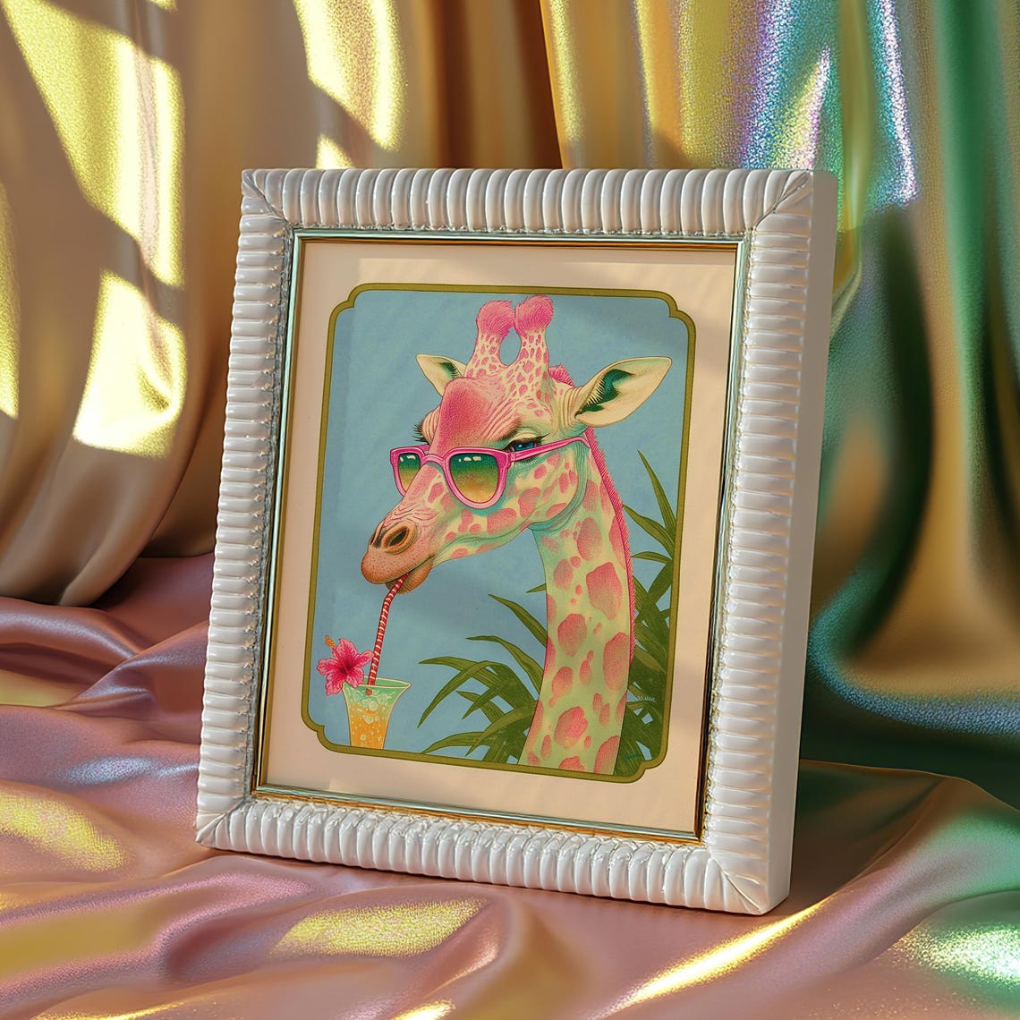 Giraffe With Pink Sunglasses Sipping a Tropical Cocktail Poster - Image 3