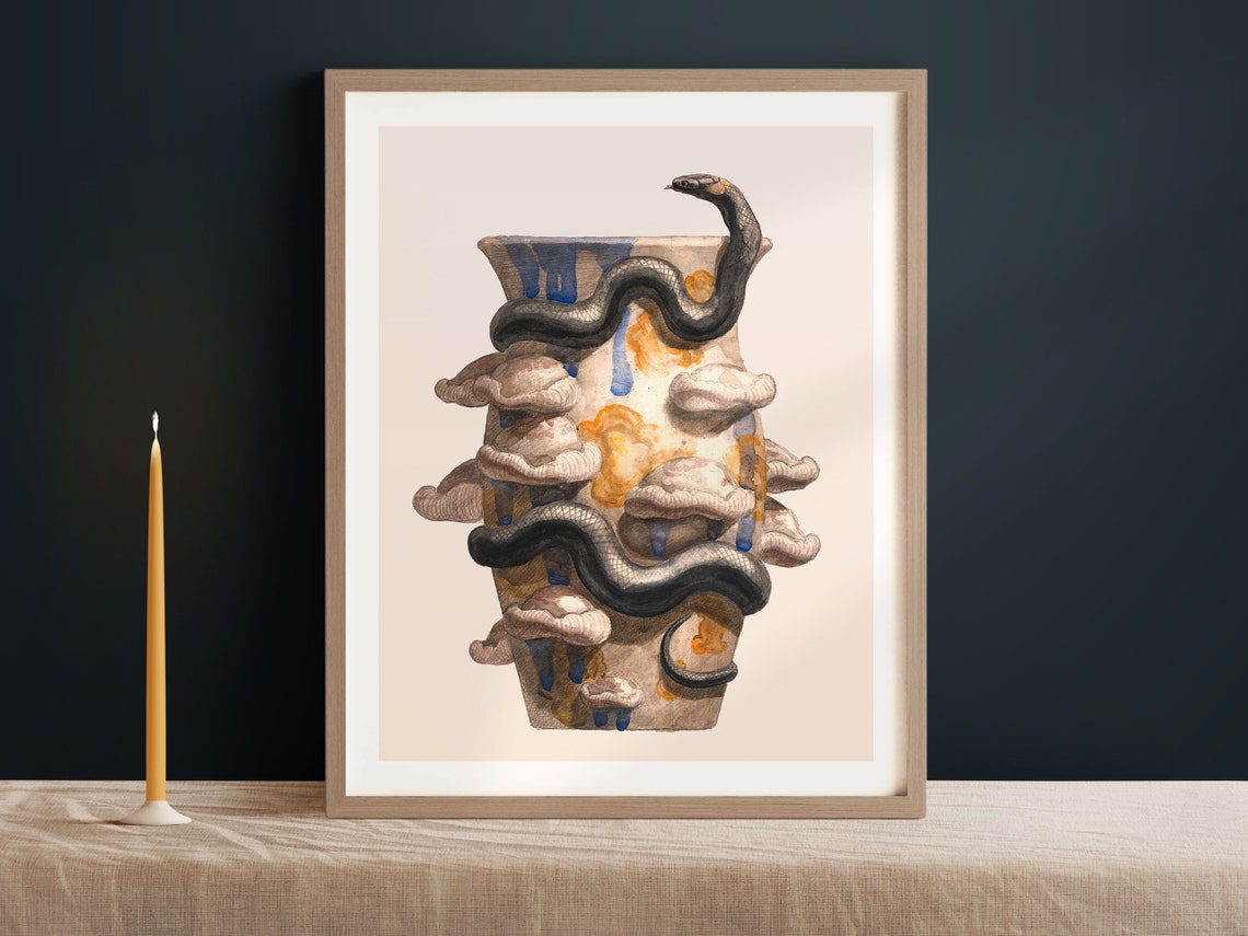 Black Snake Coiled Around an Ancient Mushroom Covered Vase Poster - Image 3