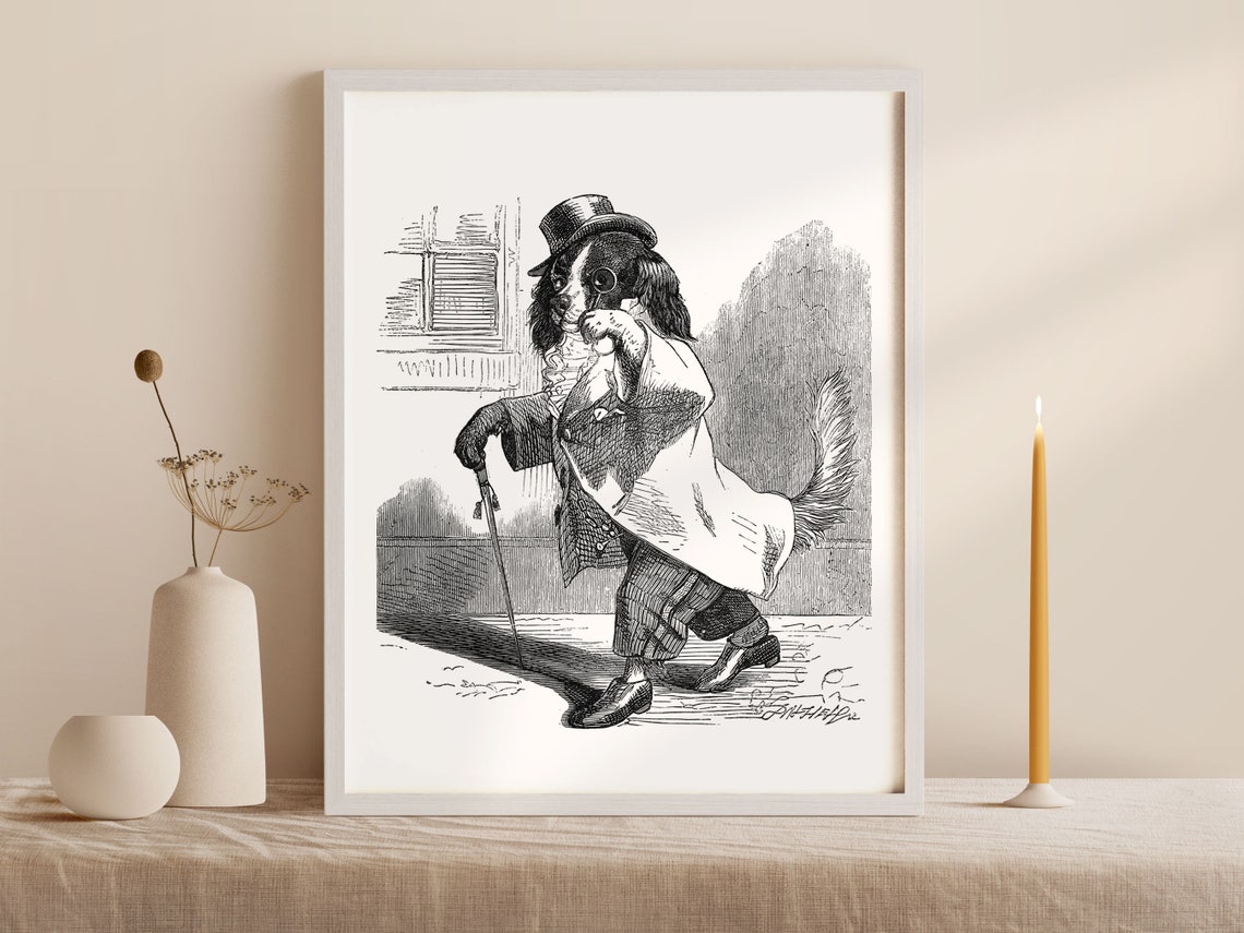 Dapper Dog in a Top Hat With a Cane Vintage Engraving Art Poster - Image 2