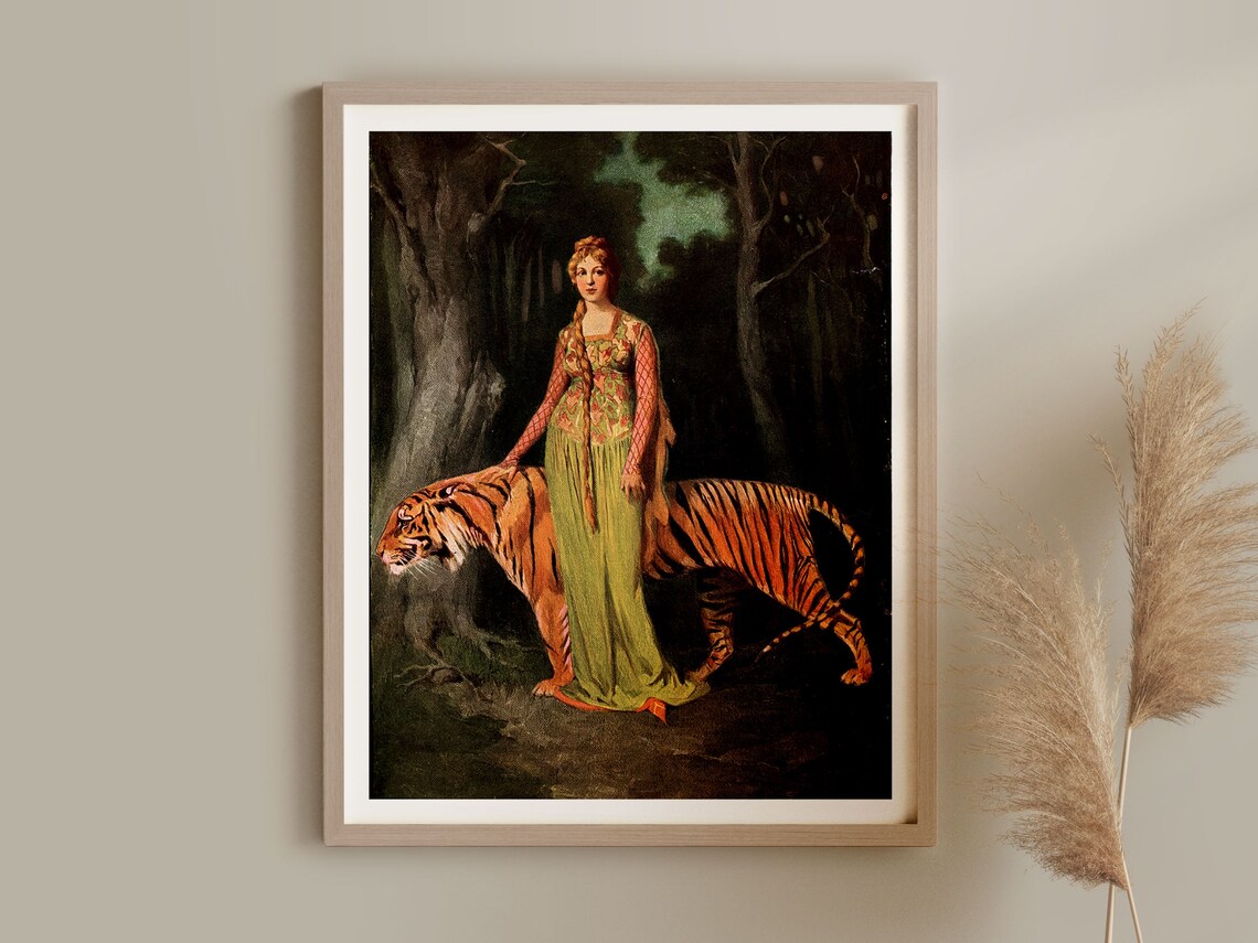 Vintage Woman Walking With Tiger, Retro Art Print - Image 2