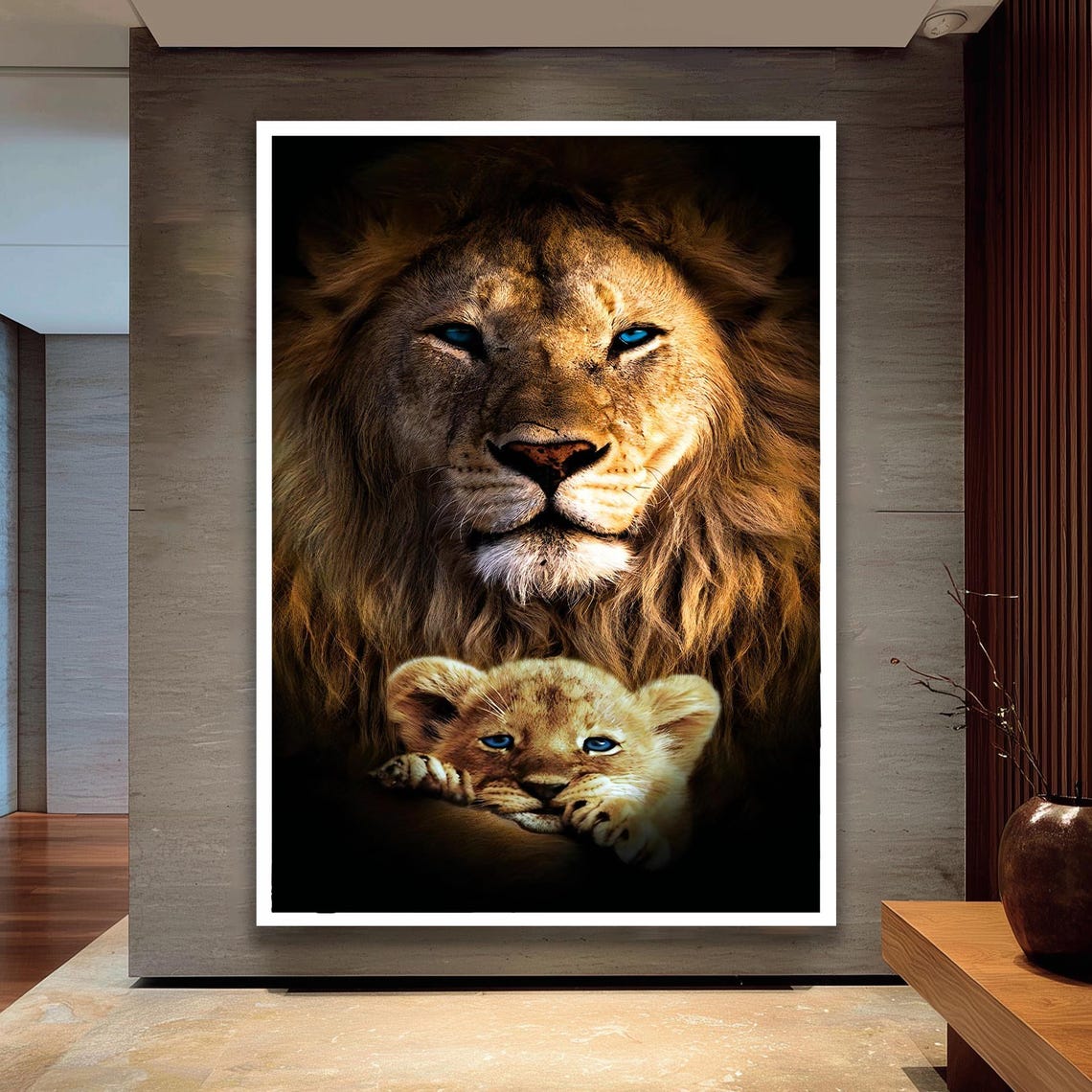 Majestic Blue Eyed Lion With Lion Cub Safari King Portrait Poster